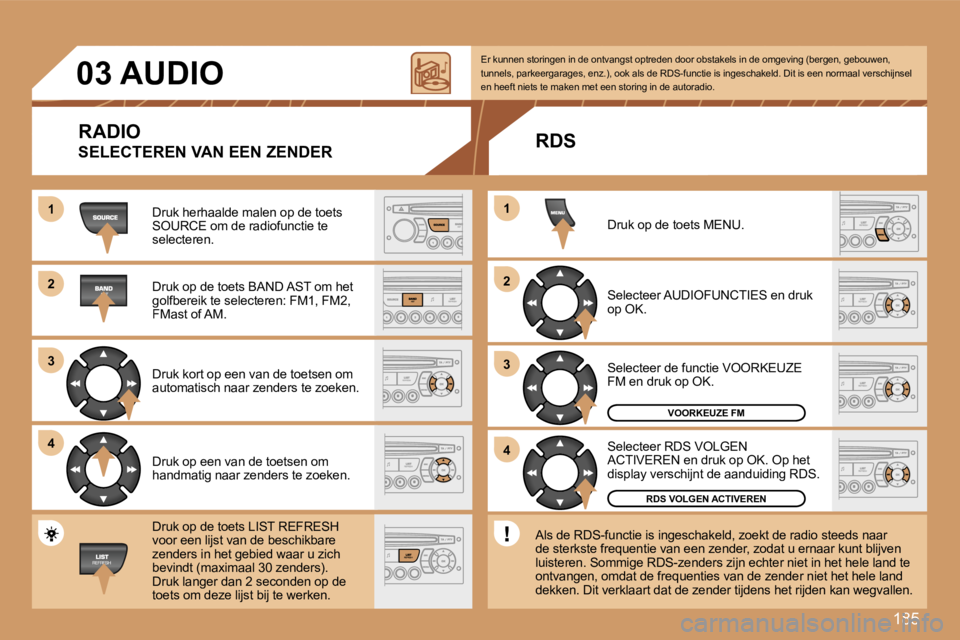 Peugeot 307 2007  Handleiding (in Dutch) �1�8�5
�1�1
�2�2
�3�3
�4�4
�2�2
�4�4
�3�3
�1�1
�0�3� �A�U�D�I�O
�R�A�D�I�O
�S�E�L�E�C�T�E�R�E�N� �V�A�N� �E�E�N� �Z�E�N�D�E�R
�D�r�u�k� �h�e�r�h�a�a�l�d�e� �m�a�l�e�n� �o�p� �d�e� �t�o�e�t�s� �S�O�U�R