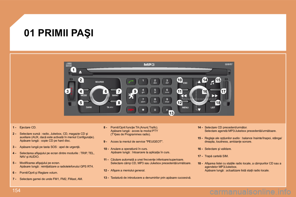 Peugeot 307 2007  Manualul de utilizare (in Romanian) �1�5�4
S
O S
SOURCE
MODE BAND ESC
2
abc
5
jkl
8
tuv 3
def
6
mno
9
wxyz
1 4
ghi
7
pqrs
0 # MENU LIST
TA 
PTY
DARK
�2
�1
�5
�3
4
�8�9 �1�0 �1�5
�1�1 �1�7 �1�8
�1�2 �1�6
�1�4
�7
�6
�1�3
�1� �- �  �E�j�e�