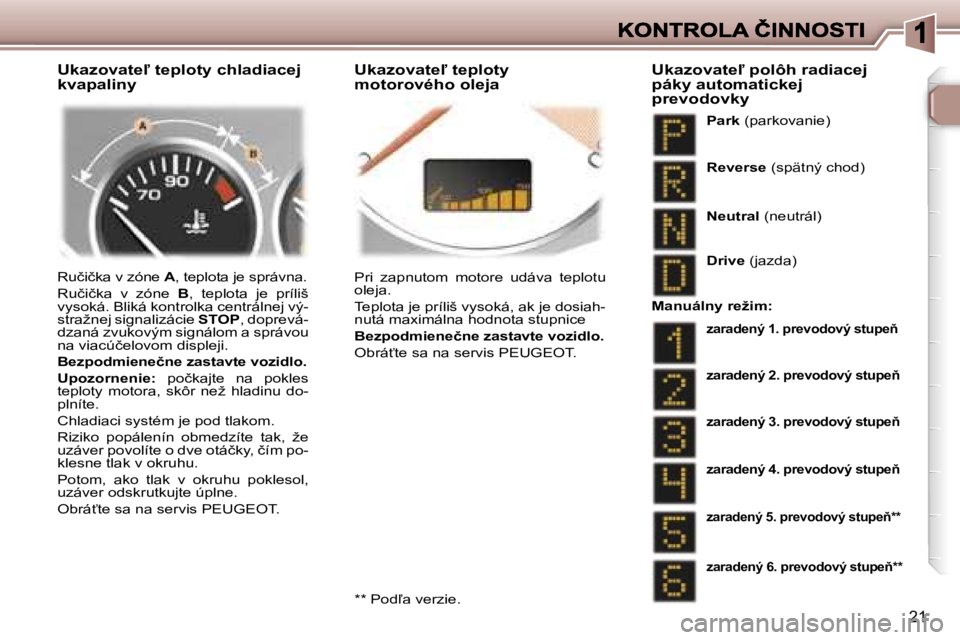 Peugeot 307 2007  Užívateľská príručka (in Slovak) �2�1
�U�k�a�z�o�v�a�t�e-� �t�e�p�l�o�t�y� �c�h�l�a�d�i�a�c�e�j� �k�v�a�p�a�l�i�n�y�U�k�a�z�o�v�a�t�e-� �t�e�p�l�o�t�y� �m�o�t�o�r�o�v�é�h�o� �o�l�e�j�a
�R�u�č�i�č�k�a� �v� �z�ó�n�e� �A�,� �t�e�p