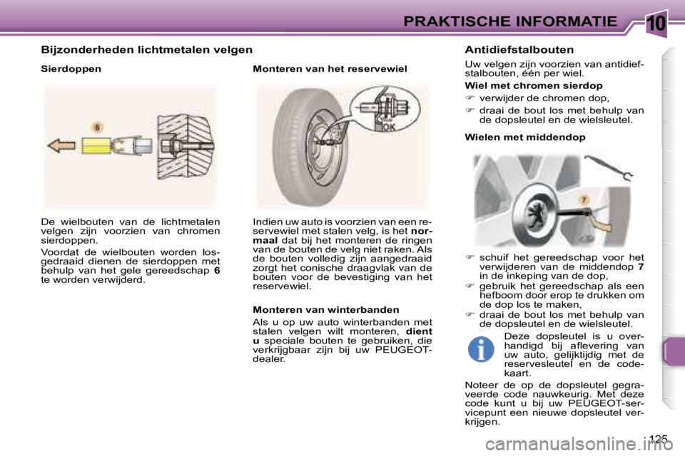Peugeot 307 2006  Handleiding (in Dutch) �1�0�P�R�A�K�T�I�S�C�H�E� �I�N�F�O�R�M�A�T�I�E
�1�2�5
�D�e�  �w�i�e�l�b�o�u�t�e�n�  �v�a�n�  �d�e�  �l�i�c�h�t�m�e�t�a�l�e�n�  
�v�e�l�g�e�n�  �z�i�j�n�  �v�o�o�r�z�i�e�n�  �v�a�n�  �c�h�r�o�m�e�n� 
�