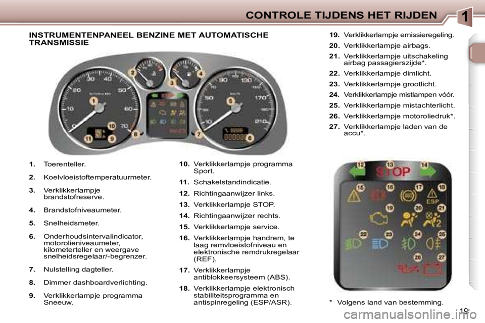 Peugeot 307 2006  Handleiding (in Dutch) �1�C�O�N�T�R�O�L�E� �T�I�J�D�E�N�S� �H�E�T� �R�I�J�D�E�N
�1�9
�1�.� �T�o�e�r�e�n�t�e�l�l�e�r�.
�2�.�  �K�o�e�l�v�l�o�e�i�s�t�o�f�t�e�m�p�e�r�a�t�u�u�r�m�e�t�e�r�.
�3�.�  �V�e�r�k�l�i�k�k�e�r�l�a�m�p�j