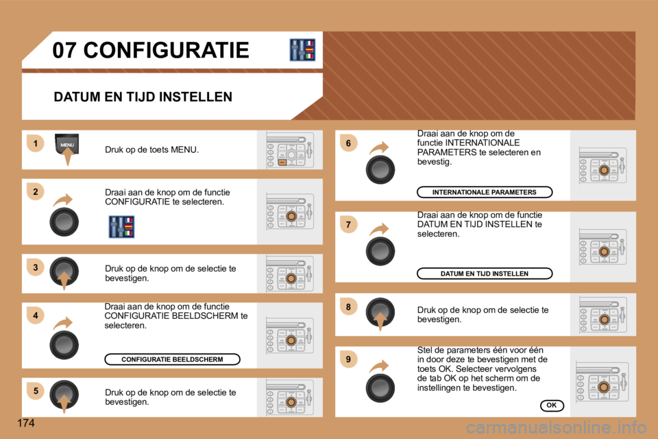 Peugeot 307 2006  Handleiding (in Dutch) �1 
�2 
�3 
�4�5 �6 
�7 
�8 
�9
�1�7�4�0�7� �C�O�N�F�I�G�U�R�A�T�I�E
�D�A�T�U�M� �E�N� �T�I�J�D� �I�N�S�T�E�L�L�E�N
�D�r�u�k� �o�p� �d�e� �t�o�e�t�s� �M�E�N�U�. 
�D�r�a�a�i� �a�a�n� �d�e� �k�n�o�p� �o