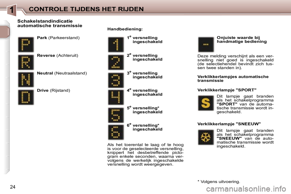 Peugeot 307 2006  Handleiding (in Dutch) �1�C�O�N�T�R�O�L�E� �T�I�J�D�E�N�S� �H�E�T� �R�I�J�D�E�N
�2�4
�P�a�r�k� �(�P�a�r�k�e�e�r�s�t�a�n�d�)
�S�c�h�a�k�e�l�s�t�a�n�d�i�n�d�i�c�a�t�i�e�  
�a�u�t�o�m�a�t�i�s�c�h�e� �t�r�a�n�s�m�i�s�s�i�e
�A�l