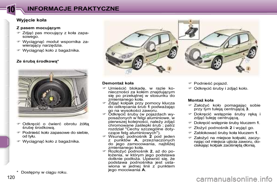 Peugeot 307 2006  Instrukcja Obsługi (in Polish) �1�0�I�N�F�O�R�M�A�C�J�E� �P�R�A�K�T�Y�C�Z�N�E
�1�2�0
�D�e�m�o�n�t�aG� �k�o�ł�a 
��  �U�m�i�e;�c�i�ć�  �b�l�o�k�a�d
�,�  �w�  �r�a�z�i�e�  �k�o�-
�n�i�e�c�z�n�o;�c�i� �z�a� �k�o�ł�e�m� �z�n�