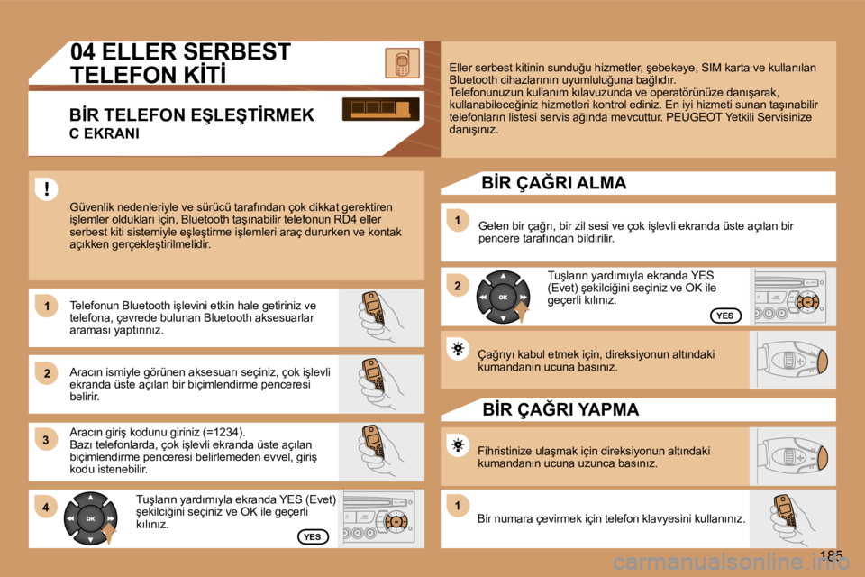 Peugeot 307 2006  Kullanım Kılavuzu (in Turkish) �1 
�2�1 
�2
�3 
�4
�1�8�5
�1
�Y�E�S
�Y�E�S
�Ç�a�ğ�r�ı�y�ı� �k�a�b�u�l� �e�t�m�e�k� �i�ç�i�n�,� �d�i�r�e�k�s�i�y�o�n�u�n� �a�l�t�ı�n�d�a�k�i�  
�k�u�m�a�n�d�a�n�ı�n� �u�c�u�n�a� �b�a�s�ı�n�ı�