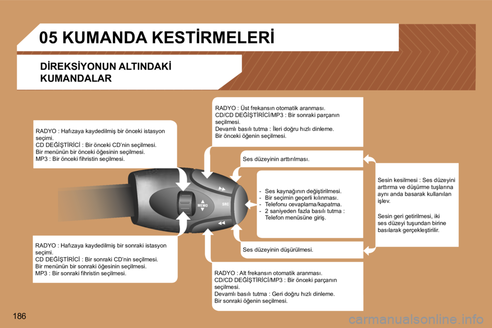 Peugeot 307 2006  Kullanım Kılavuzu (in Turkish) �1�8�6�R�A�D�Y�O� �:� �H�a�f�ı�z�a�y�a� �k�a�y�d�e�d�i�l�m�i�ş� �b�i�r� �s�o�n�r�a�k�i� �i�s�t�a�s�y�o�n�  
�s�e�ç�i�m�i�.
�C�D� �D�E�Ğ�İ�Ş�T�İ�R�İ�C�İ� �:� �B�i�r� �s�o�n�r�a�k�i� �C�D�’�n