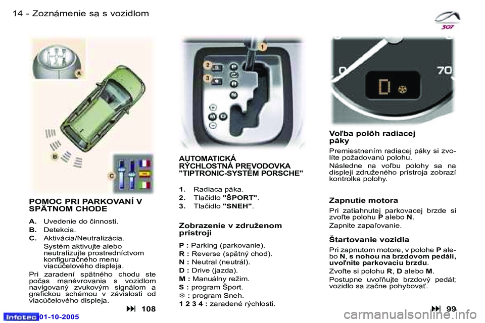 Peugeot 307 2005.5  Užívateľská príručka (in Slovak) �1�4 �-
�0�1�-�1�0�-�2�0�0�5
�1�5
�-
�0�1�-�1�0�-�2�0�0�5
�Z�o�z�n�á�m�e�n�i�e� �s�a� �s� �v�o�z�i�d�l�o�m
�A�U�T�O�M�A�T�I�C�K�Á�  
�R�Ý�C�H�L�O�S�T�N�Á� �P�R�E�V�O�D�O�V�K�A� 
�"�T�I�P�T�R�O