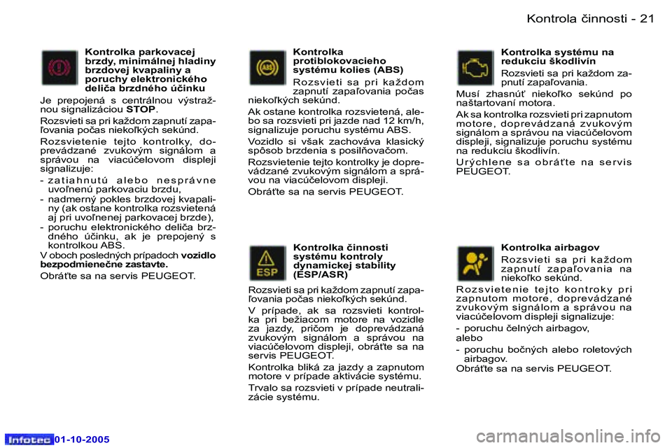 Peugeot 307 2005.5  Užívateľská príručka (in Slovak) �K�o�n�t�r�o�l�a� �č�i�n�n�o�s�t�i�2�0 �-
�0�1�-�1�0�-�2�0�0�5
�2�1�K�o�n�t�r�o�l�a� �č�i�n�n�o�s�t�i�-
�0�1�-�1�0�-�2�0�0�5
�K�o�n�t�r�o�l�k�a� �č�i�n�n�o�s�t�i�  
�s�y�s�t�é�m�u� �k�o�n�t�r�o�l�