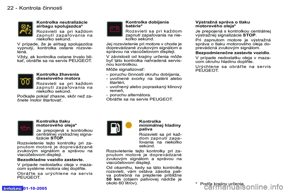 Peugeot 307 2005.5  Užívateľská príručka (in Slovak) �K�o�n�t�r�o�l�a� �č�i�n�n�o�s�t�i�2�2 �-
�0�1�-�1�0�-�2�0�0�5
�2�3�K�o�n�t�r�o�l�a� �č�i�n�n�o�s�t�i�-
�0�1�-�1�0�-�2�0�0�5
�K�o�n�t�r�o�l�k�a� �t�l�a�k�u�  
�m�o�t�o�r�o�v�é�h�o� �o�l�e�j�a�* 
�J