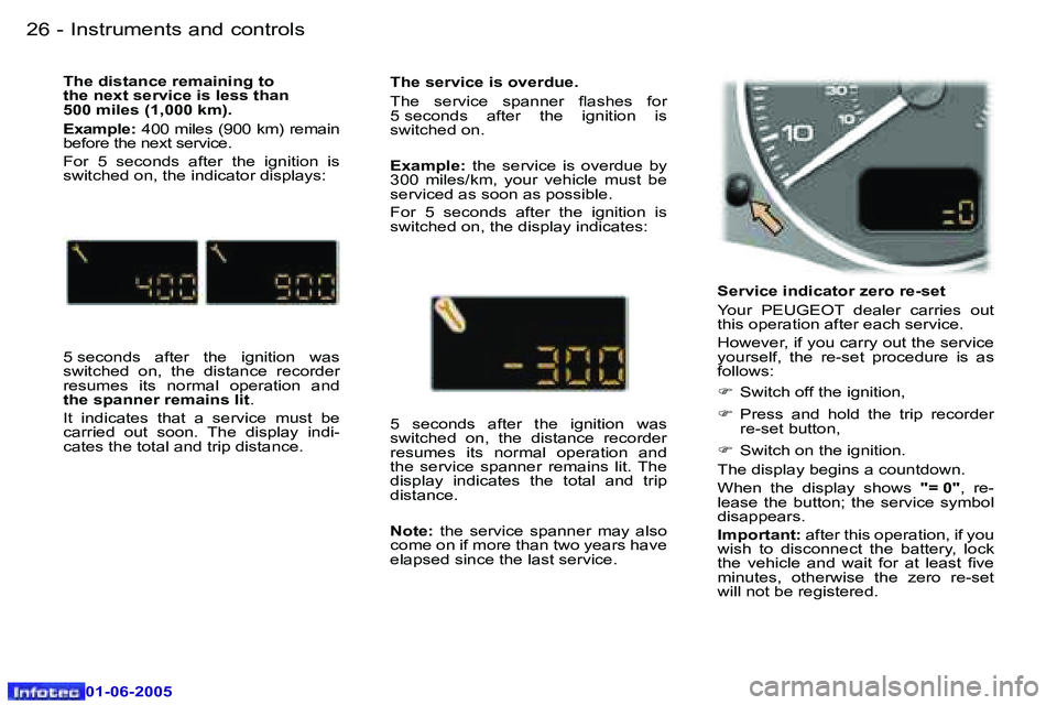 Peugeot 307 2005  Owners Manual �I�n�s�t�r�u�m�e�n�t�s� �a�n�d� �c�o�n�t�r�o�l�s�2�6 �-
�0�1�-�0�6�-�2�0�0�5
�2�7�I�n�s�t�r�u�m�e�n�t�s� �a�n�d� �c�o�n�t�r�o�l�s�-
�0�1�-�0�6�-�2�0�0�5
�S�e�r�v�i�c�e� �i�n�d�i�c�a�t�o�r� �z�e�r�o� �