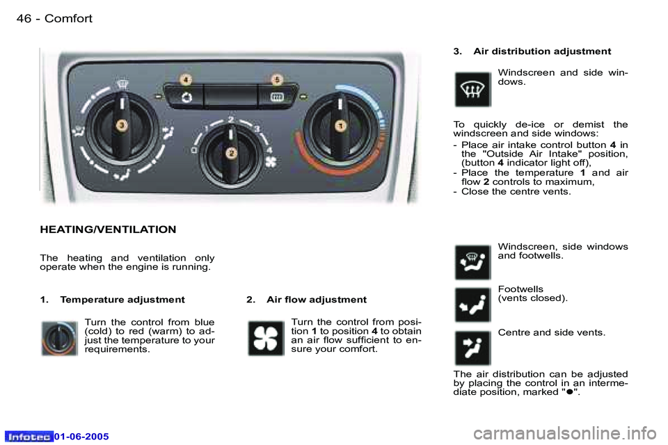 Peugeot 307 2005  Owners Manual �C�o�m�f�o�r�t�4�6 �-
�0�1�-�0�6�-�2�0�0�5
�4�7�C�o�m�f�o�r�t�-
�0�1�-�0�6�-�2�0�0�5
�H�E�A�T�I�N�G�/�V�E�N�T�I�L�A�T�I�O�N
�2�.�  �A�i�r� �l�o�w� �a�d�j�u�s�t�m�e�n�t
�T�h�e�  �h�e�a�t�i�n�g�  �a�n�d