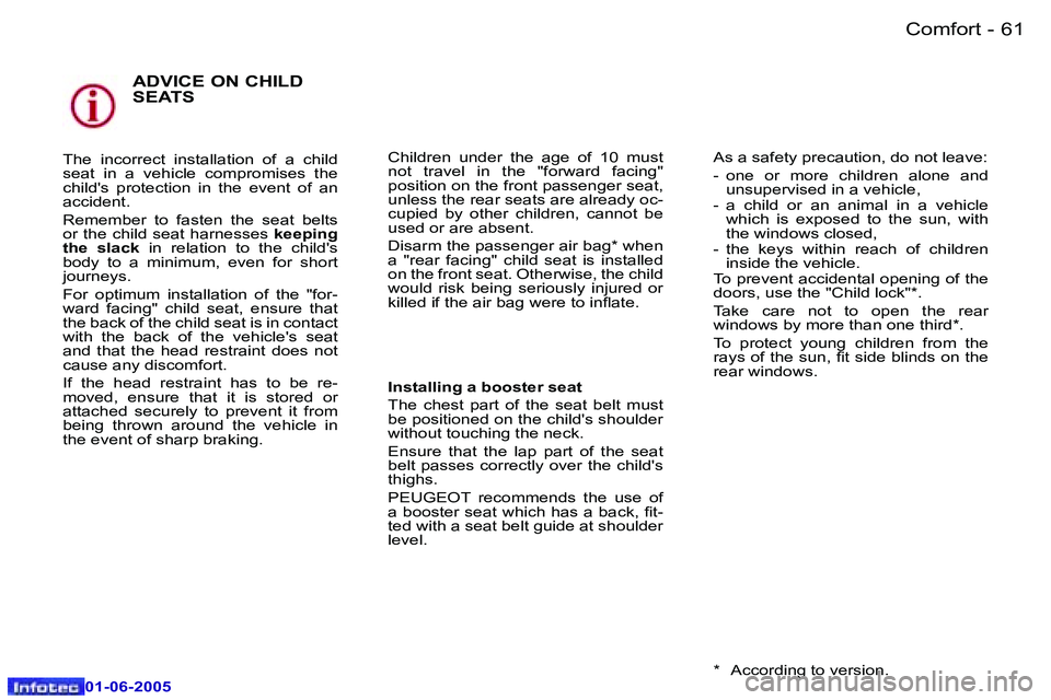Peugeot 307 2005  Owners Manual �C�o�m�f�o�r�t�6�0 �-
�0�1�-�0�6�-�2�0�0�5
�6�1�C�o�m�f�o�r�t�-
�0�1�-�0�6�-�2�0�0�5
�A�D�V�I�C�E� �O�N� �C�H�I�L�D�  
�S�E�A�T�S
�T�h�e�  �i�n�c�o�r�r�e�c�t�  �i�n�s�t�a�l�l�a�t�i�o�n�  �o�f�  �a�  �