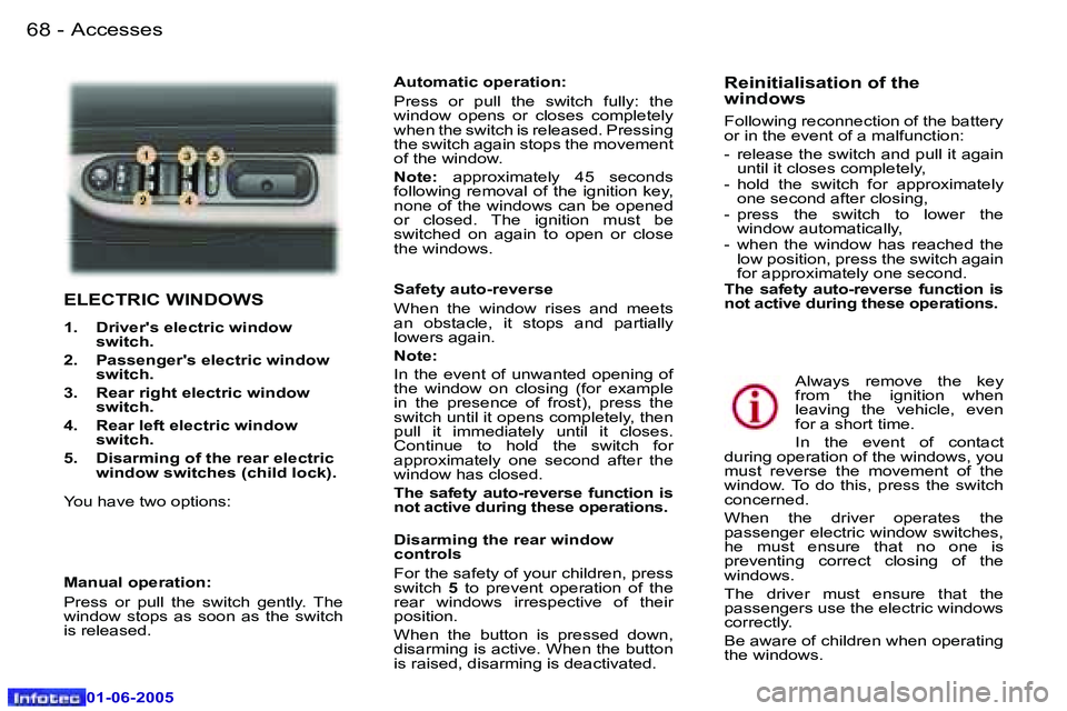Peugeot 307 2005  Owners Manual �A�c�c�e�s�s�e�s�6�8 �-
�0�1�-�0�6�-�2�0�0�5
�6�9�A�c�c�e�s�s�e�s�-
�0�1�-�0�6�-�2�0�0�5
�E�L�E�C�T�R�I�C� �W�I�N�D�O�W�S
�1�.�  �D�r�i�v�e�r�'�s� �e�l�e�c�t�r�i�c� �w�i�n�d�o�w� �s�w�i�t�c�h�.� 
