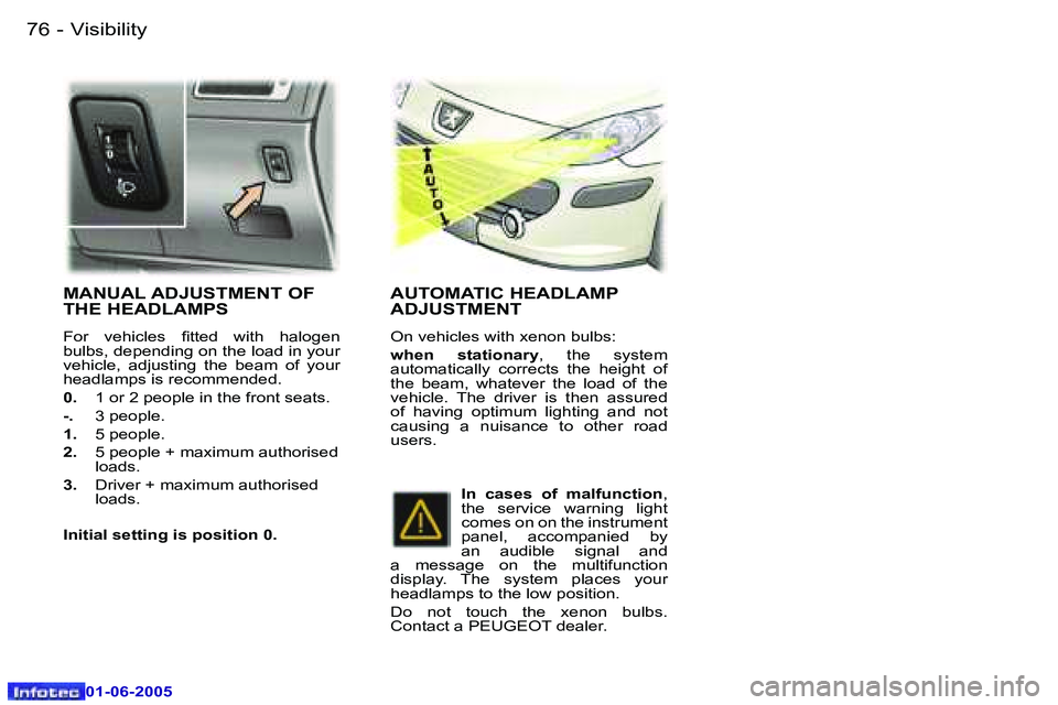 Peugeot 307 2005  Owners Manual �V�i�s�i�b�i�l�i�t�y�7�6 �-
�0�1�-�0�6�-�2�0�0�5
�7�7�V�i�s�i�b�i�l�i�t�y�-
�0�1�-�0�6�-�2�0�0�5
�M�A�N�U�A�L� �A�D�J�U�S�T�M�E�N�T� �O�F�  
�T�H�E� �H�E�A�D�L�A�M�P�S
�F�o�r�  �v�e�h�i�c�l�e�s�  �i�t