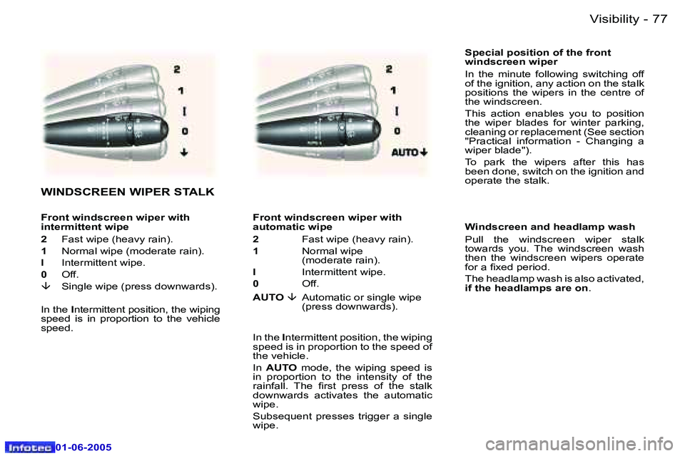 Peugeot 307 2005  Owners Manual �V�i�s�i�b�i�l�i�t�y�7�6 �-
�0�1�-�0�6�-�2�0�0�5
�7�7�V�i�s�i�b�i�l�i�t�y�-
�0�1�-�0�6�-�2�0�0�5
�S�p�e�c�i�a�l� �p�o�s�i�t�i�o�n� �o�f� �t�h�e� �f�r�o�n�t�  
�w�i�n�d�s�c�r�e�e�n� �w�i�p�e�r 
�I�n�  