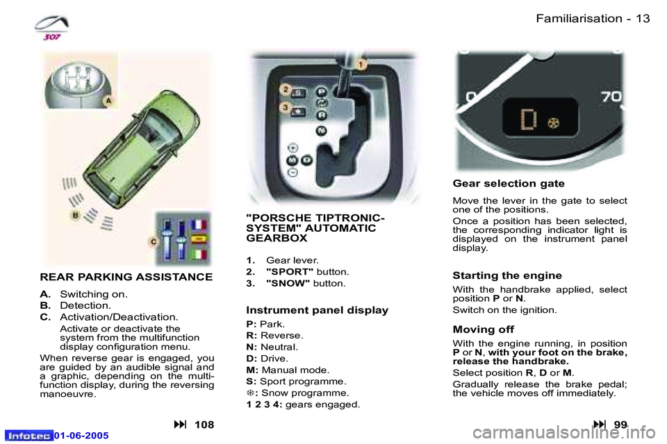 Peugeot 307 2005  Owners Manual �1�2 �-
�0�1�-�0�6�-�2�0�0�5
�1�3
�-
�0�1�-�0�6�-�2�0�0�5
�F�a�m�i�l�i�a�r�i�s�a�t�i�o�n
�"�P�O�R�S�C�H�E� �T�I�P�T�R�O�N�I�C�- 
�S�Y�S�T�E�M�"� �A�U�T�O�M�A�T�I�C� 
�G�E�A�R�B�O�X
�1�.�  �G�e