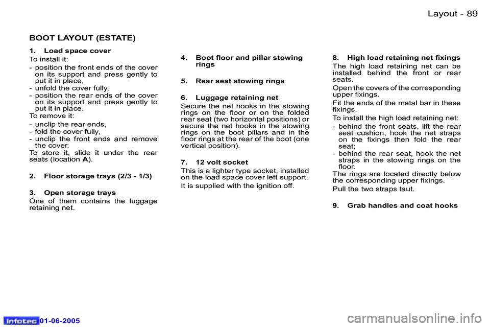 Peugeot 307 2005  Owners Manual �L�a�y�o�u�t�8�8 �-
�0�1�-�0�6�-�2�0�0�5
�8�9�L�a�y�o�u�t�-
�0�1�-�0�6�-�2�0�0�5
�B�O�O�T� �L�A�Y�O�U�T� �(�E�S�T�A�T�E�)
�1�.�  �L�o�a�d� �s�p�a�c�e� �c�o�v�e�r 
�T�o� �i�n�s�t�a�l�l� �i�t�:
�-�  �p�