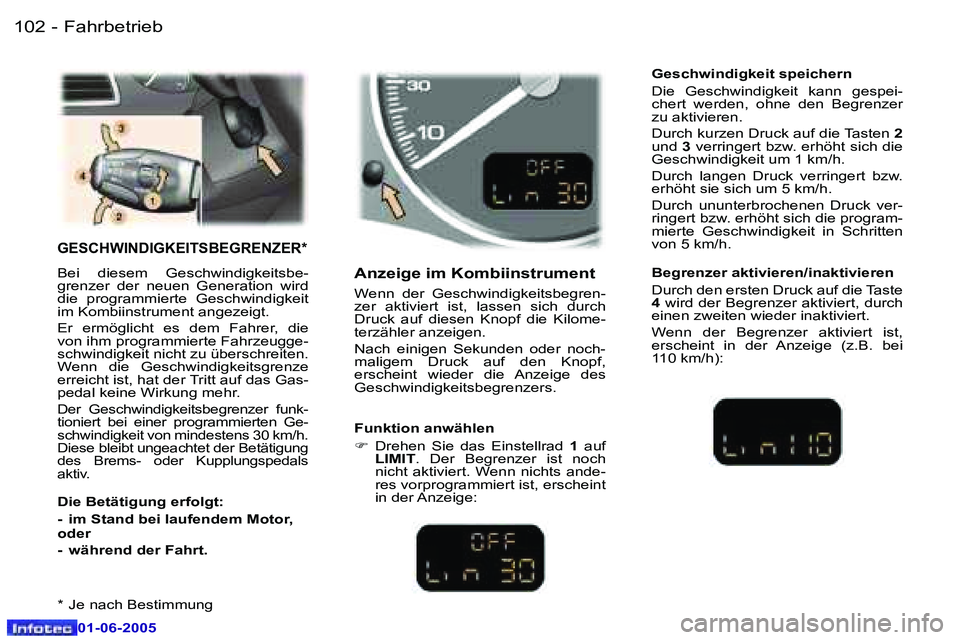 Peugeot 307 2005  Betriebsanleitung (in German) �F�a�h�r�b�e�t�r�i�e�b�1�0�2 �-
�0�1�-�0�6�-�2�0�0�5
�1�0�3�F�a�h�r�b�e�t�r�i�e�b�-
�0�1�-�0�6�-�2�0�0�5
�G�E�S�C�H�W�I�N�D�I�G�K�E�I�T�S�B�E�G�R�E�N�Z�E�R�*
�B�e�i�  �d�i�e�s�e�m�  �G�e�s�c�h�w�i�n�d