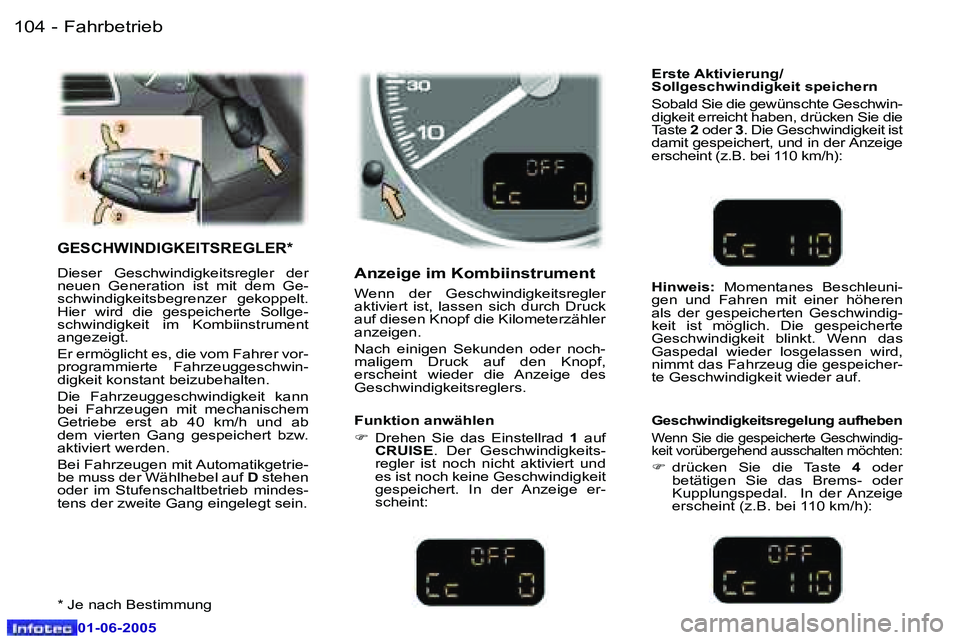 Peugeot 307 2005  Betriebsanleitung (in German) �F�a�h�r�b�e�t�r�i�e�b�1�0�4 �-
�0�1�-�0�6�-�2�0�0�5
�1�0�5�F�a�h�r�b�e�t�r�i�e�b�-
�0�1�-�0�6�-�2�0�0�5
�G�E�S�C�H�W�I�N�D�I�G�K�E�I�T�S�R�E�G�L�E�R�*
�D�i�e�s�e�r�  �G�e�s�c�h�w�i�n�d�i�g�k�e�i�t�s�