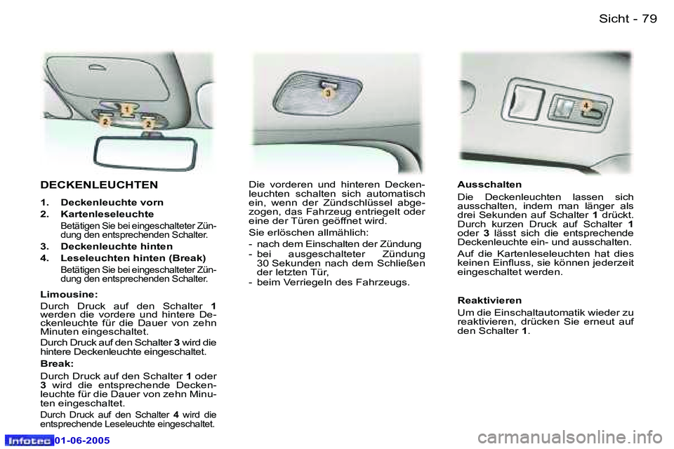Peugeot 307 2005  Betriebsanleitung (in German) �7�8 �-
�0�1�-�0�6�-�2�0�0�5
�7�9
�-
�0�1�-�0�6�-�2�0�0�5
�D�E�C�K�E�N�L�E�U�C�H�T�E�N
�1�.�  �D�e�c�k�e�n�l�e�u�c�h�t�e� �v�o�r�n 
�2�.�  �K�a�r�t�e�n�l�e�s�e�l�e�u�c�h�t�e� 
� 
�B�e�t�ä�t�i�g�e�n� 