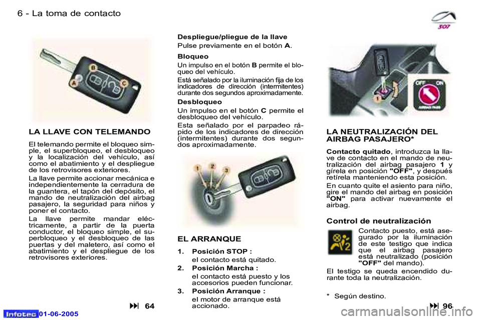Peugeot 307 2005  Manual del propietario (in Spanish) �6 �-
�0�1�-�0�6�-�2�0�0�5
�7
�-
�0�1�-�0�6�-�2�0�0�5
�L�a� �t�o�m�a� �d�e� �c�o�n�t�a�c�t�o
�L�A� �L�L�A�V�E� �C�O�N� �T�E�L�E�M�A�N�D�O
�E�l� �t�e�l�e�m�a�n�d�o� �p�e�r�m�i�t�e� �e�l� �b�l�o�q�u�e�o