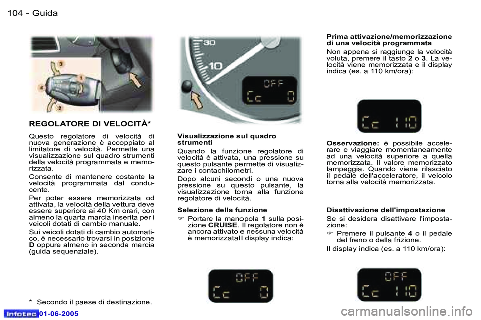 Peugeot 307 2005  Manuale del proprietario (in Italian) �G�u�i�d�a�1�0�4 �-
�0�1�-�0�6�-�2�0�0�5
�1�0�5�G�u�i�d�a�-
�0�1�-�0�6�-�2�0�0�5
�R�E�G�O�L�A�T�O�R�E� �D�I� �V�E�L�O�C�I�T�À�*
�Q�u�e�s�t�o�  �r�e�g�o�l�a�t�o�r�e�  �d�i�  �v�e�l�o�c�i�t�à�  �d�i� 