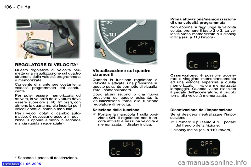 Peugeot 307 2005  Manuale del proprietario (in Italian) �G�u�i�d�a�1�0�6 �-
�0�1�-�0�6�-�2�0�0�5
�1�0�7�G�u�i�d�a�-
�0�1�-�0�6�-�2�0�0�5
�R�E�G�O�L�A�T�O�R�E� �D�I� �V�E�L�O�C�I�T�A�* 
�Q�u�e�s�t�o�  �r�e�g�o�l�a�t�o�r�e�  �d�i�  �v�e�l�o�c�i�t�à�  �p�e�r