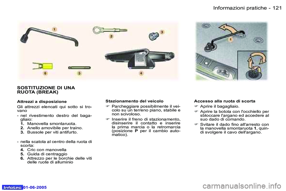 Peugeot 307 2005  Manuale del proprietario (in Italian) �I�n�f�o�r�m�a�z�i�o�n�i� �p�r�a�t�i�c�h�e�1�2�0 �-
�0�1�-�0�6�-�2�0�0�5
�1�2�1�I�n�f�o�r�m�a�z�i�o�n�i� �p�r�a�t�i�c�h�e�-
�0�1�-�0�6�-�2�0�0�5
�S�t�a�z�i�o�n�a�m�e�n�t�o� �d�e�l� �v�e�i�c�o�l�o 
�F�