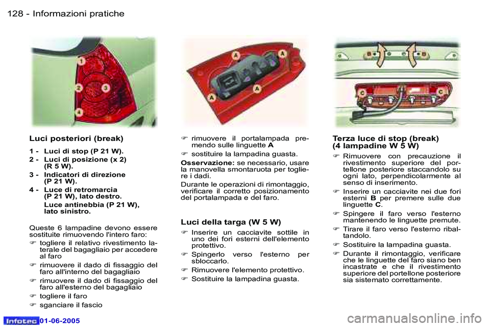 Peugeot 307 2005  Manuale del proprietario (in Italian) �I�n�f�o�r�m�a�z�i�o�n�i� �p�r�a�t�i�c�h�e�1�2�8 �-
�0�1�-�0�6�-�2�0�0�5
�1�2�9�I�n�f�o�r�m�a�z�i�o�n�i� �p�r�a�t�i�c�h�e�-
�0�1�-�0�6�-�2�0�0�5
�T�e�r�z�a� �l�u�c�e� �d�i� �s�t�o�p� �(�b�r�e�a�k�)�  