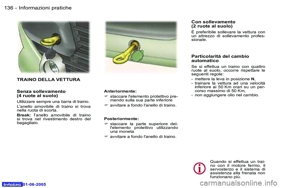 Peugeot 307 2005  Manuale del proprietario (in Italian) �I�n�f�o�r�m�a�z�i�o�n�i� �p�r�a�t�i�c�h�e�1�3�6 �-
�0�1�-�0�6�-�2�0�0�5
�1�3�7�I�n�f�o�r�m�a�z�i�o�n�i� �p�r�a�t�i�c�h�e�-
�0�1�-�0�6�-�2�0�0�5
�S�e�n�z�a� �s�o�l�l�e�v�a�m�e�n�t�o 
�(�4� �r�u�o�t�e�
