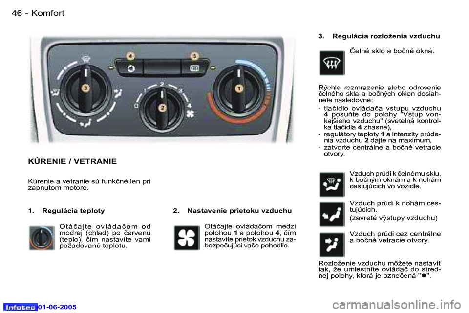 Peugeot 307 2005  Užívateľská príručka (in Slovak) �K�o�m�f�o�r�t�4�6 �-
�0�1�-�0�6�-�2�0�0�5
�4�7�K�o�m�f�o�r�t�-
�0�1�-�0�6�-�2�0�0�5
�K�Ú�R�E�N�I�E� �/� �V�E�T�R�A�N�I�E
�2�.�  �N�a�s�t�a�v�e�n�i�e� �p�r�i�e�t�o�k�u� �v�z�d�u�c�h�u
�K�ú�r�e�n�i�e