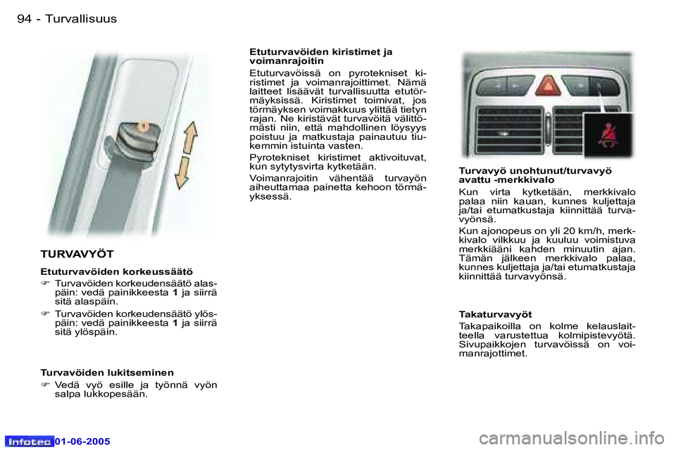 Peugeot 307 2005  Omistajan käsikirja (in Finnish) �9�4 �-
�0�1�-�0�6�-�2�0�0�5
�9�5
�-
�0�1�-�0�6�-�2�0�0�5
�T�U�R�V�A�V�Y�Ö�T
�E�t�u�t�u�r�v�a�v�ö�i�d�e�n� �k�o�r�k�e�u�s�s�ä�ä�t�ö 
�F
�  �T�u�r�v�a�v�ö�i�d�e�n� �k�o�r�k�e�u�d�e�n�s�ä�ä�t�ö