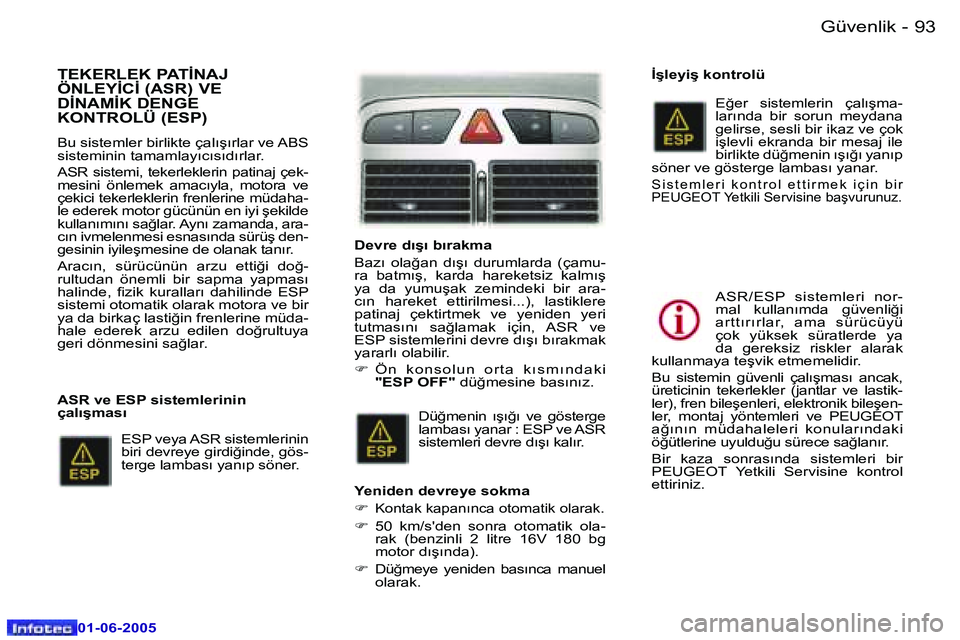 Peugeot 307 2005  Kullanım Kılavuzu (in Turkish) �9�2 �-
�0�1�-�0�6�-�2�0�0�5
�9�3
�-
�0�1�-�0�6�-�2�0�0�5
�T�E�K�E�R�L�E�K� �P�A�T�İ�N�A�J�  
�Ö�N�L�E�Y�İ�C�İ� �(�A�S�R�)� �V�E� 
�D�İ�N�A�M�İ�K� �D�E�N�G�E� 
�K�O�N�T�R�O�L�Ü� �(�E�S�P�)
�B�u