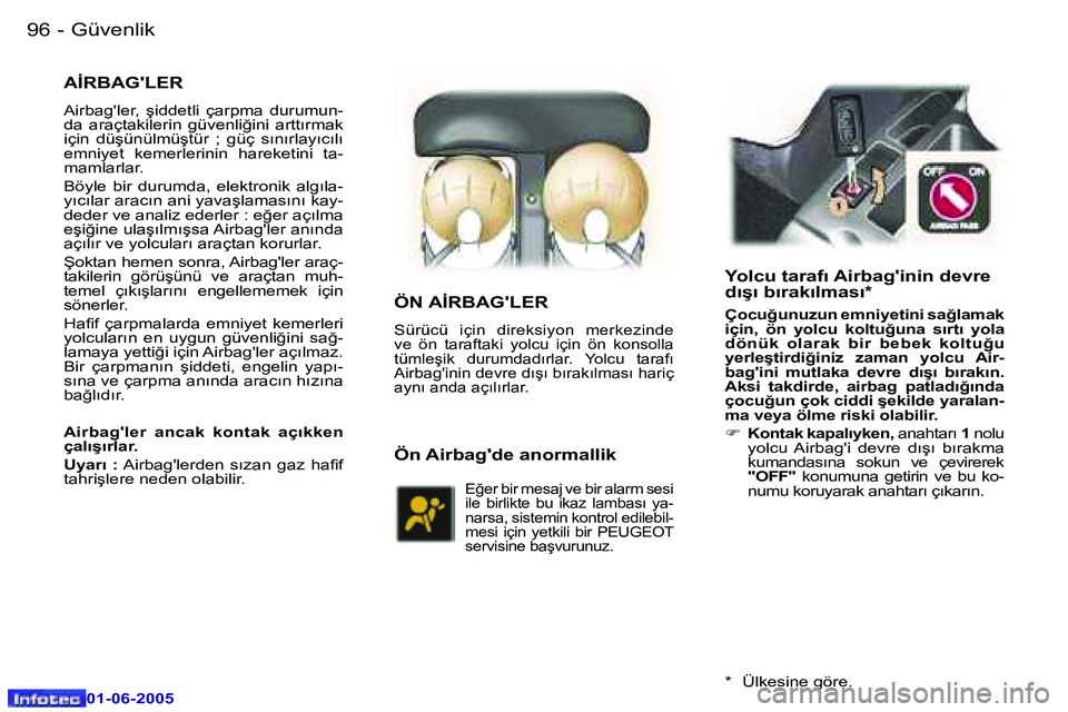 Peugeot 307 2005  Kullanım Kılavuzu (in Turkish) �9�6 �-
�0�1�-�0�6�-�2�0�0�5
�9�7
�-
�0�1�-�0�6�-�2�0�0�5
�A�İ�R�B�A�G�'�L�E�R
�A�i�r�b�a�g�'�l�e�r�,�  �ş�i�d�d�e�t�l�i�  �ç�a�r�p�m�a�  �d�u�r�u�m�u�n�- 
�d�a�  �a�r�a�ç�t�a�k�i�l�e�r�i�