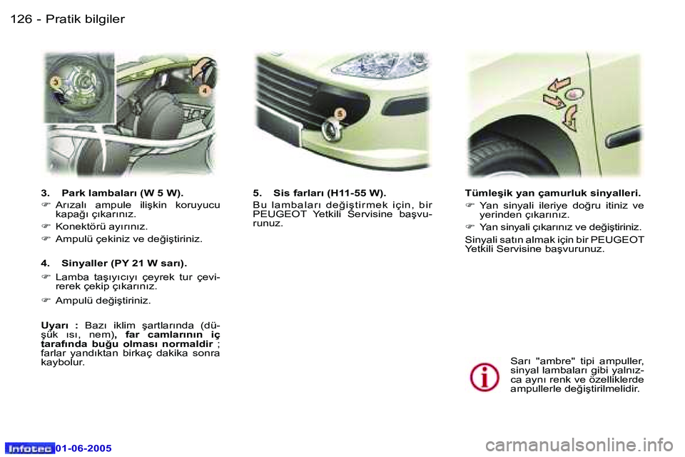 Peugeot 307 2005  Kullanım Kılavuzu (in Turkish) �1�2�6 �-
�0�1�-�0�6�-�2�0�0�5
�1�2�7
�-
�0�1�-�0�6�-�2�0�0�5
�T�ü�m�l�e�ş�i�k� �y�a�n� �ç�a�m�u�r�l�u�k� �s�i�n�y�a�l�l�e�r�i�. 
�F
�  �Y�a�n�  �s�i�n�y�a�l�i�  �i�l�e�r�i�y�e�  �d�o�ğ�r�u�  �i�t