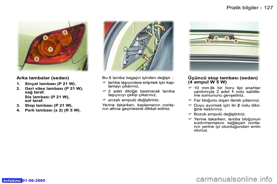 Peugeot 307 2005  Kullanım Kılavuzu (in Turkish) �1�2�6 �-
�0�1�-�0�6�-�2�0�0�5
�1�2�7
�-
�0�1�-�0�6�-�2�0�0�5
�A�r�k�a� �l�a�m�b�a�l�a�r� �(�s�e�d�a�n�)
�1�.�  �S�i�n�y�a�l� �l�a�m�b�a�s�ı� �(�P� �2�1� �W�)�. 
�2�.�  �G�e�r�i� �v�i�t�e�s� �l�a�m�b