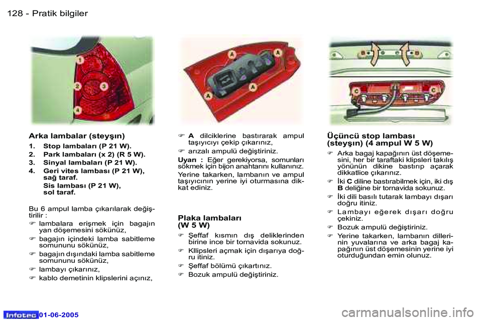 Peugeot 307 2005  Kullanım Kılavuzu (in Turkish) �1�2�8 �-
�0�1�-�0�6�-�2�0�0�5
�1�2�9
�-
�0�1�-�0�6�-�2�0�0�5
�Ü�ç�ü�n�c�ü� �s�t�o�p� �l�a�m�b�a�s�ı�  
�(�s�t�e�y�ş�ı�n�)� �(�4� �a�m�p�u�l� �W� �5� �W�)
�F�  �A�r�k�a� �b�a�g�a�j� �k�a�p�a�ğ