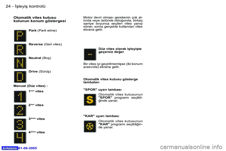 Peugeot 307 2005  Kullanım Kılavuzu (in Turkish) �2�4 �-
�0�1�-�0�6�-�2�0�0�5
�2�5
�-
�0�1�-�0�6�-�2�0�0�5
�P�a�r�k� 
�(�P�a�r�k� �e�t�m�e�)� 
�O�t�o�m�a�t�i�k� �v�i�t�e�s� �k�u�t�u�s�u�  
�k�o�l�u�n�u�n� �k�o�n�u�m� �g�ö�s�t�e�r�g�e�s�i�M�o�t�o�r�