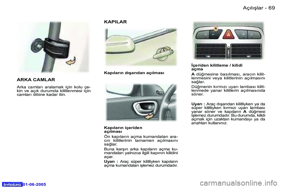 Peugeot 307 2005  Kullanım Kılavuzu (in Turkish) �6�8 �-
�0�1�-�0�6�-�2�0�0�5
�6�9
�-
�0�1�-�0�6�-�2�0�0�5
�K�a�p�ı�l�a�r�ı�n� �i�ç�e�r�i�d�e�n�  
�a�ç�ı�l�m�a�s�ı 
�Ö�n�  �k�a�p�ı�l�a�r�ı�n�  �a�ç�m�a�  �k�u�m�a�n�d�a�l�a�r�ı�  �a�r�a�- 