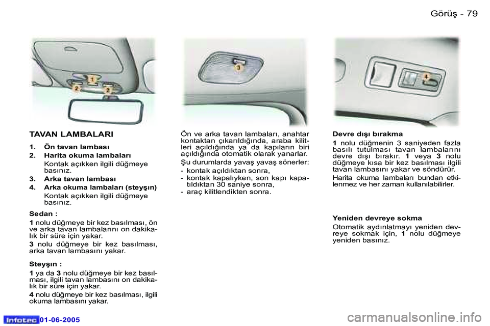 Peugeot 307 2005  Kullanım Kılavuzu (in Turkish) �7�8 �-
�0�1�-�0�6�-�2�0�0�5
�7�9
�-
�0�1�-�0�6�-�2�0�0�5
�T�A�V�A�N� �L�A�M�B�A�L�A�R�I
�1�.�  �Ö�n� �t�a�v�a�n� �l�a�m�b�a�s�ı 
�2�.�  �H�a�r�i�t�a� �o�k�u�m�a� �l�a�m�b�a�l�a�r�ı
�  �K�o�n�t�a�k