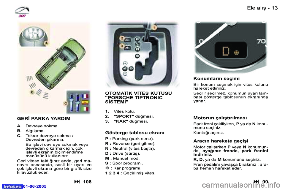 Peugeot 307 2005  Kullanım Kılavuzu (in Turkish) �1�2 �-
�0�1�-�0�6�-�2�0�0�5
�1�3
�-
�0�1�-�0�6�-�2�0�0�5
�E�l�e� �a�l�ı�ş� 
�O�T�O�M�A�T�İ�K� �V�İ�T�E�S� �K�U�T�U�S�U�  
�"�P�O�R�S�C�H�E� �T�I�P�T�R�O�N�I�C� 
�S�İ�S�T�E�M�İ�"� 
�1�.�