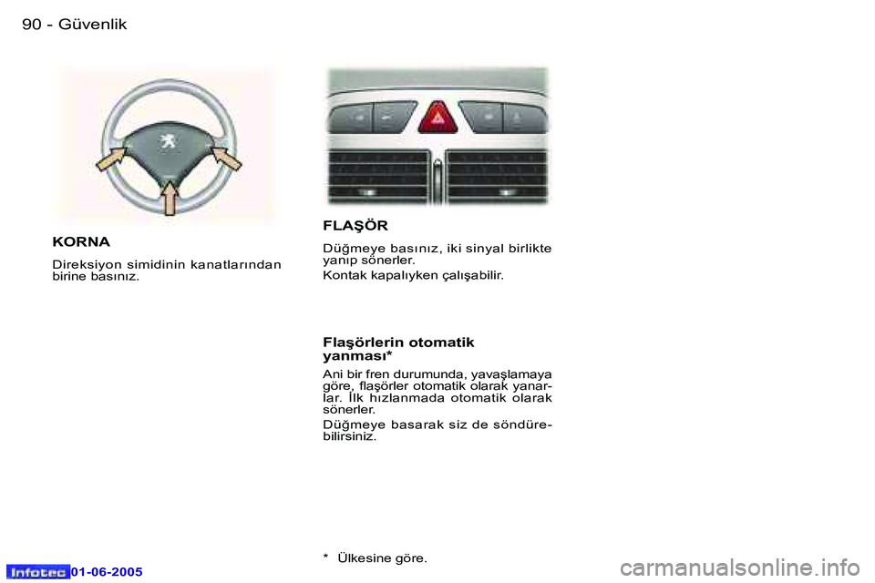 Peugeot 307 2005  Kullanım Kılavuzu (in Turkish) �9�0 �-
�0�1�-�0�6�-�2�0�0�5
�9�1
�-
�0�1�-�0�6�-�2�0�0�5
�F�L�A�Ş�Ö�R
�D�ü�ğ�m�e�y�e� �b�a�s�ı�n�ı�z�,� �i�k�i� �s�i�n�y�a�l� �b�i�r�l�i�k�t�e�  
�y�a�n�ı�p� �s�ö�n�e�r�l�e�r�. 
�K�o�n�t�a�k�