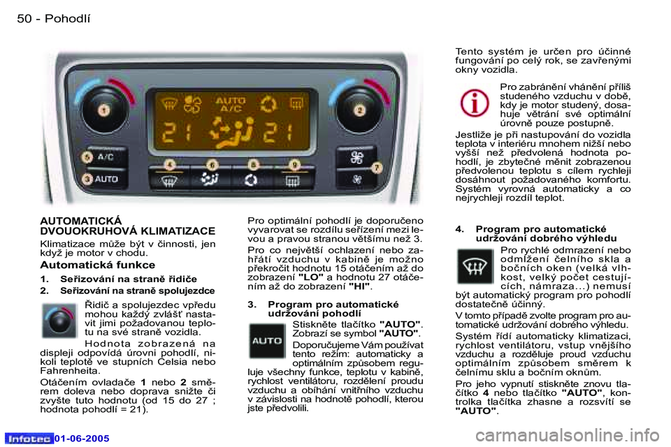 Peugeot 307 2005  Návod k obsluze (in Czech) �P�o�h�o�d�l�í�5�0 �-
�0�1�-�0�6�-�2�0�0�5
�5�1�P�o�h�o�d�l�í�-
�0�1�-�0�6�-�2�0�0�5
�A�U�T�O�M�A�T�I�C�K�Á�  
�D�V�O�U�O�K�R�U�H�O�V�Á� �K�L�I�M�A�T�I�Z�A�C�E
�K�l�i�m�a�t�i�z�a�c�e�  �mA�ž�e� 
