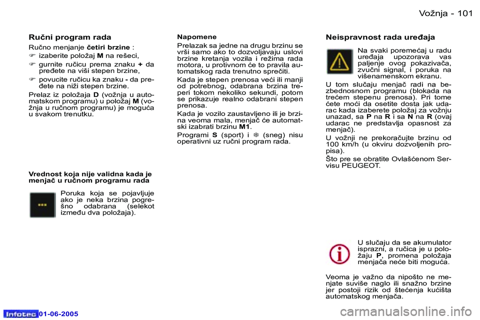 Peugeot 307 2005  Упутство за употребу (in Serbian) �1�0�0 �-
�0�1�-�0�6�-�2�0�0�5
�1�0�1
�-
�0�1�-�0�6�-�2�0�0�5
�R�u�č�n�i� �p�r�o�g�r�a�m� �r�a�d�a
�R�u�č�n�o� �m�e�n�j�a�n�j�e� 
�č�e�t�i�r�i� �b�r�z�i�n�e� �:
�F �  �i�z�a�b�e�r�i�t�e� �p�o�l�o�