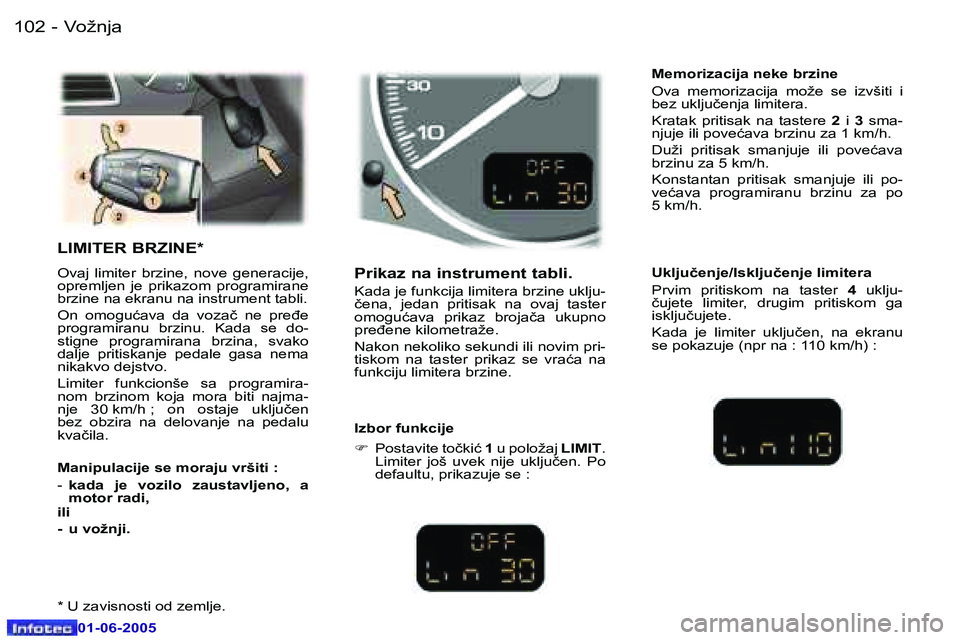 Peugeot 307 2005  Упутство за употребу (in Serbian) �1�0�2 �-
�0�1�-�0�6�-�2�0�0�5
�1�0�3
�-
�0�1�-�0�6�-�2�0�0�5
�L�I�M�I�T�E�R� �B�R�Z�I�N�E�*
�O�v�a�j�  �l�i�m�i�t�e�r�  �b�r�z�i�n�e�,�  �n�o�v�e�  �g�e�n�e�r�a�c�i�j�e�,�  
�o�p�r�e�m�l�j�e�n�  �j�e