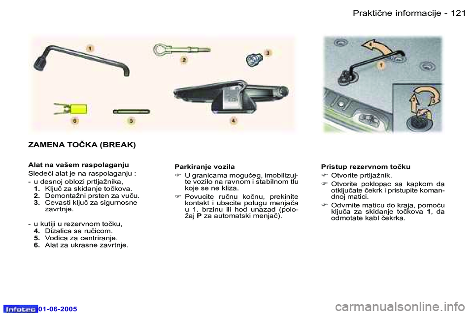 Peugeot 307 2005  Упутство за употребу (in Serbian) �P�r�a�k�t�i�č�n�e� �i�n�f�o�r�m�a�c�i�j�e� �1�2�0 �-
�0�1�-�0�6�-�2�0�0�5
�1�2�1�P�r�a�k�t�i�č�n�e� �i�n�f�o�r�m�a�c�i�j�e� �-
�0�1�-�0�6�-�2�0�0�5
�P�a�r�k�i�r�a�n�j�e� �v�o�z�i�l�a 
�F�  �U� �g�r