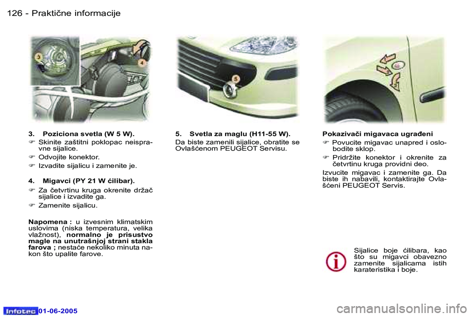 Peugeot 307 2005  Упутство за употребу (in Serbian) �P�r�a�k�t�i�č�n�e� �i�n�f�o�r�m�a�c�i�j�e� �1�2�6 �-
�0�1�-�0�6�-�2�0�0�5
�1�2�7�P�r�a�k�t�i�č�n�e� �i�n�f�o�r�m�a�c�i�j�e� �-
�0�1�-�0�6�-�2�0�0�5
�P�o�k�a�z�i�v�a�č�i� �m�i�g�a�v�a�c�a� �u�g�r�a