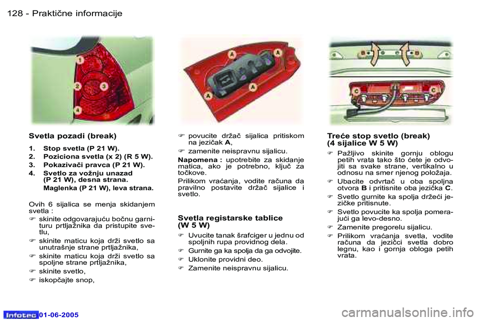 Peugeot 307 2005  Упутство за употребу (in Serbian) �P�r�a�k�t�i�č�n�e� �i�n�f�o�r�m�a�c�i�j�e� �1�2�8 �-
�0�1�-�0�6�-�2�0�0�5
�1�2�9�P�r�a�k�t�i�č�n�e� �i�n�f�o�r�m�a�c�i�j�e� �-
�0�1�-�0�6�-�2�0�0�5
�T�r�e�ć�e� �s�t�o�p� �s�v�e�t�l�o� �(�b�r�e�a�k