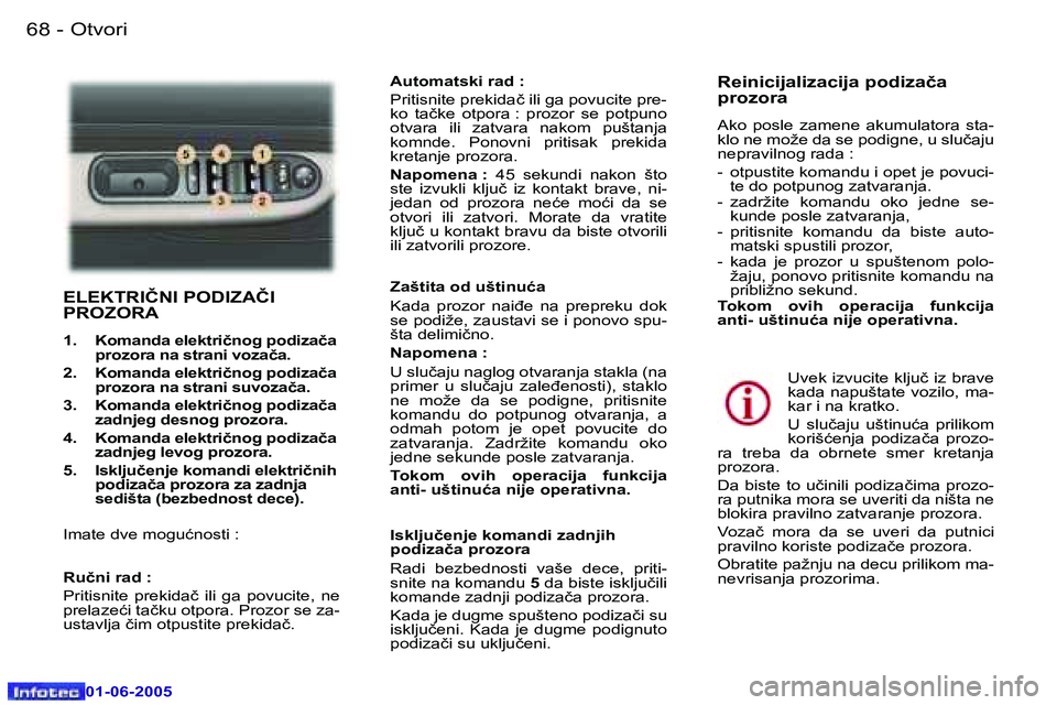 Peugeot 307 2005  Упутство за употребу (in Serbian) �6�8 �-
�0�1�-�0�6�-�2�0�0�5
�6�9
�-
�0�1�-�0�6�-�2�0�0�5
�E�L�E�K�T�R�I�Č�N�I� �P�O�D�I�Z�A�Č�I 
�P�R�O�Z�O�R�A
�1�.�  �K�o�m�a�n�d�a� �e�l�e�k�t�r�i�č�n�o�g� �p�o�d�i�z�a�č�a� 
�p�r�o�z�o�r�a� �