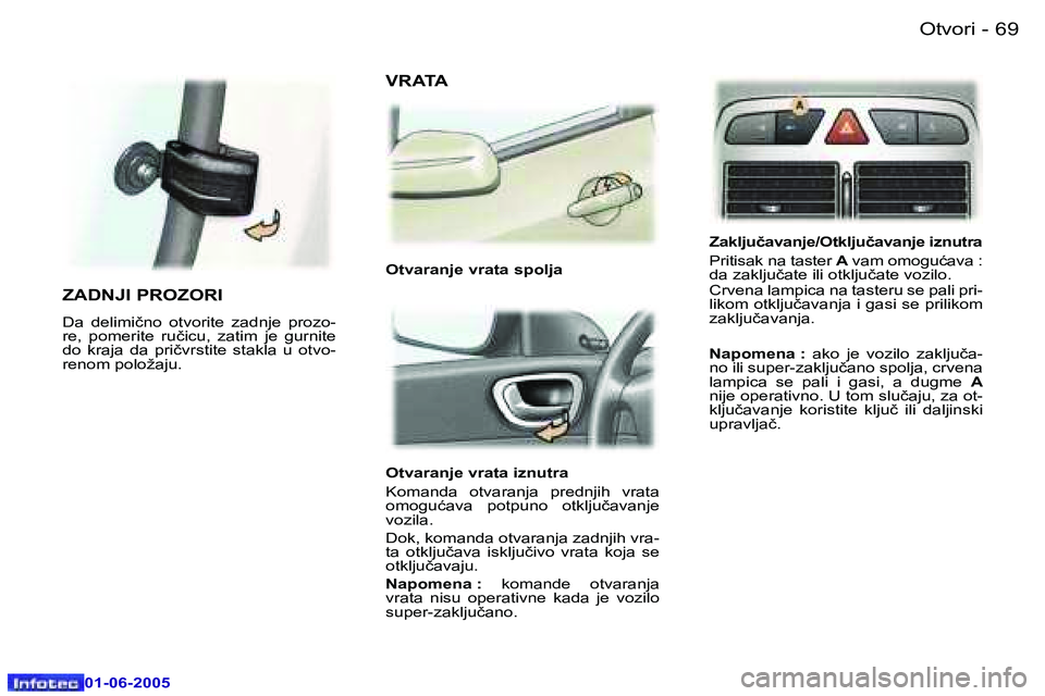Peugeot 307 2005  Упутство за употребу (in Serbian) �6�8 �-
�0�1�-�0�6�-�2�0�0�5
�6�9
�-
�0�1�-�0�6�-�2�0�0�5
�O�t�v�a�r�a�n�j�e� �v�r�a�t�a� �i�z�n�u�t�r�a 
�K�o�m�a�n�d�a�  �o�t�v�a�r�a�n�j�a�  �p�r�e�d�n�j�i�h�  �v�r�a�t�a�  
�o�m�o�g�u�ć�a�v�a�  �